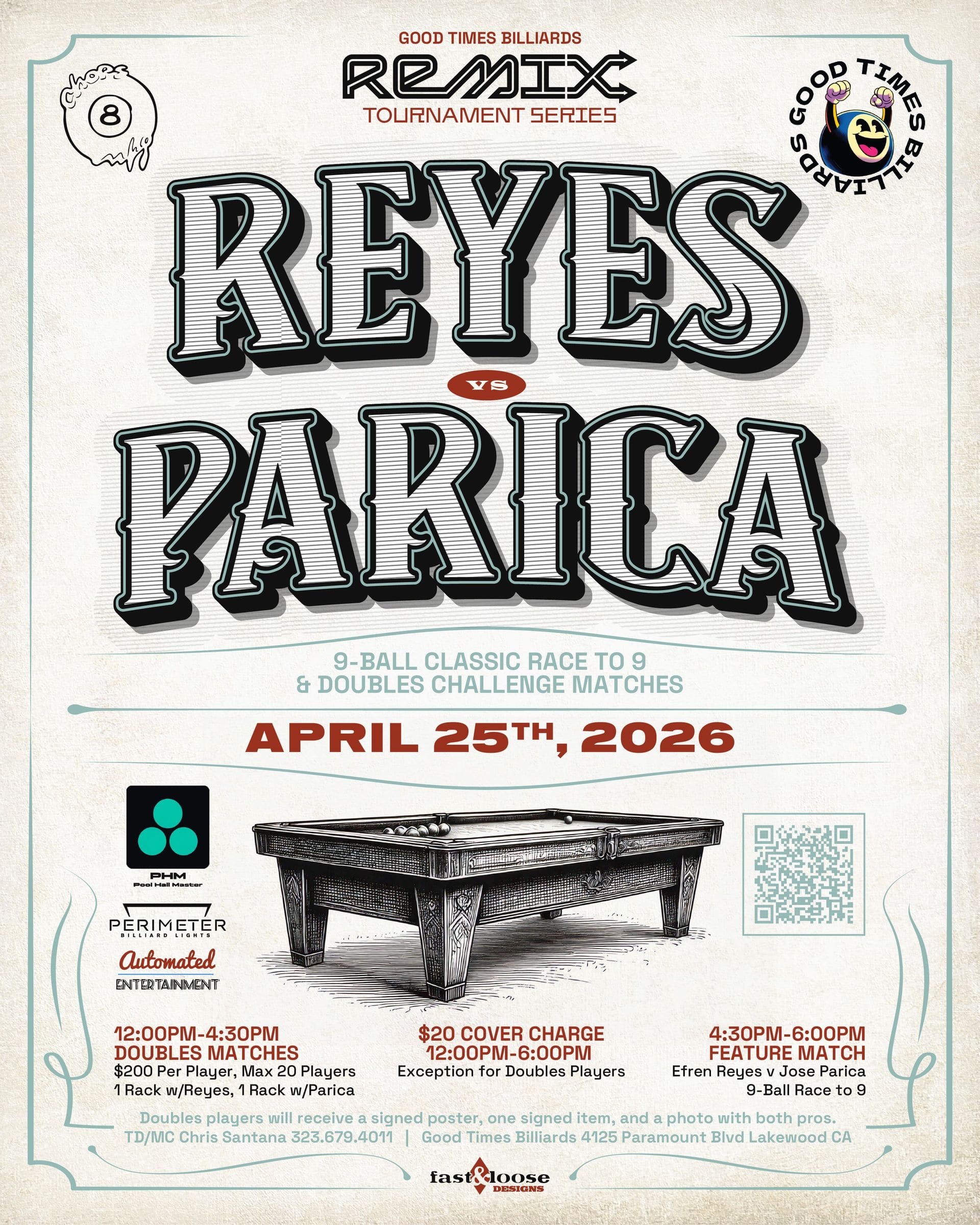 Efren Reyes vs Parica — April 25, 2026 at Good Times Billiards